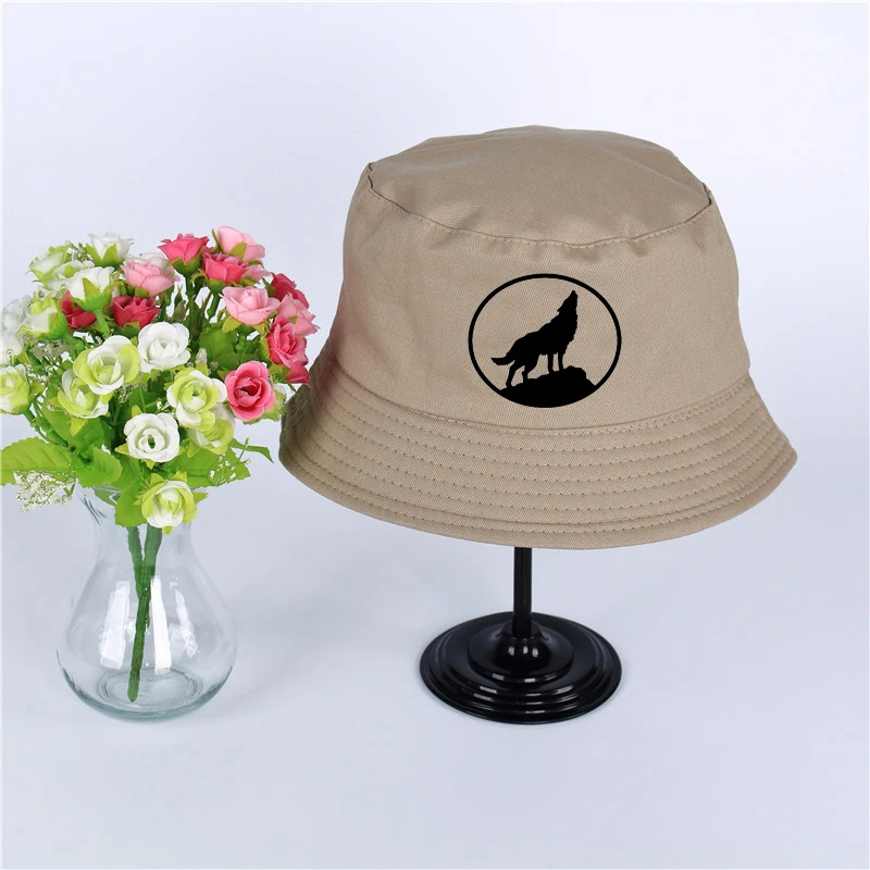 Wolf Logo Summer Hat Women Mens Panama Bucket Hat Wolf Logo Design Flat Sun Visor Fishing Fisherman Hat - Цвет: Бежевый