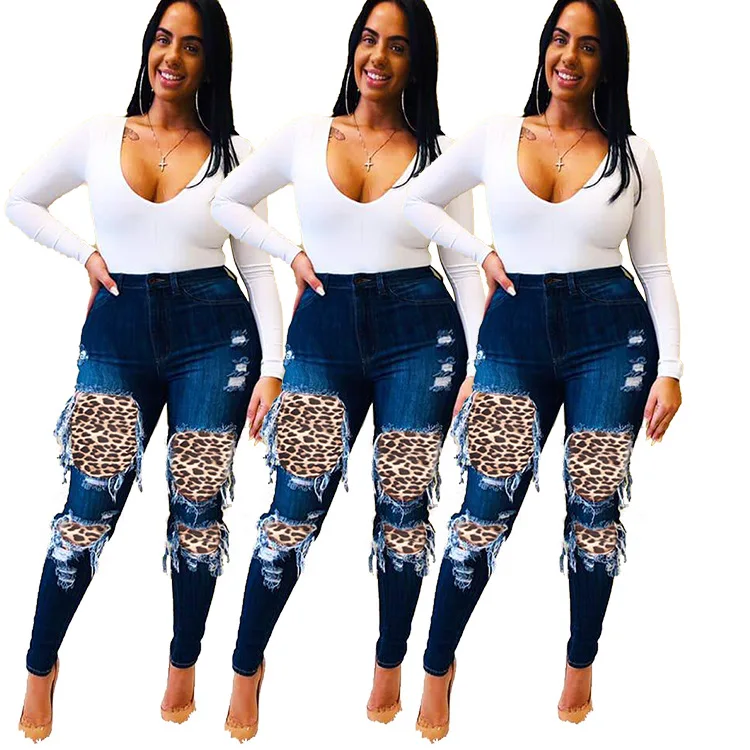 Pantalones vaqueros calados con estampado de leopardo para mujer, pantalón de tiro alto con botones y cremallera, para otoño, 2020