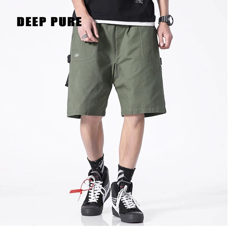 

green shorts men summer knee length drawstring waist pocket decorative tape design Fashion shorts green black