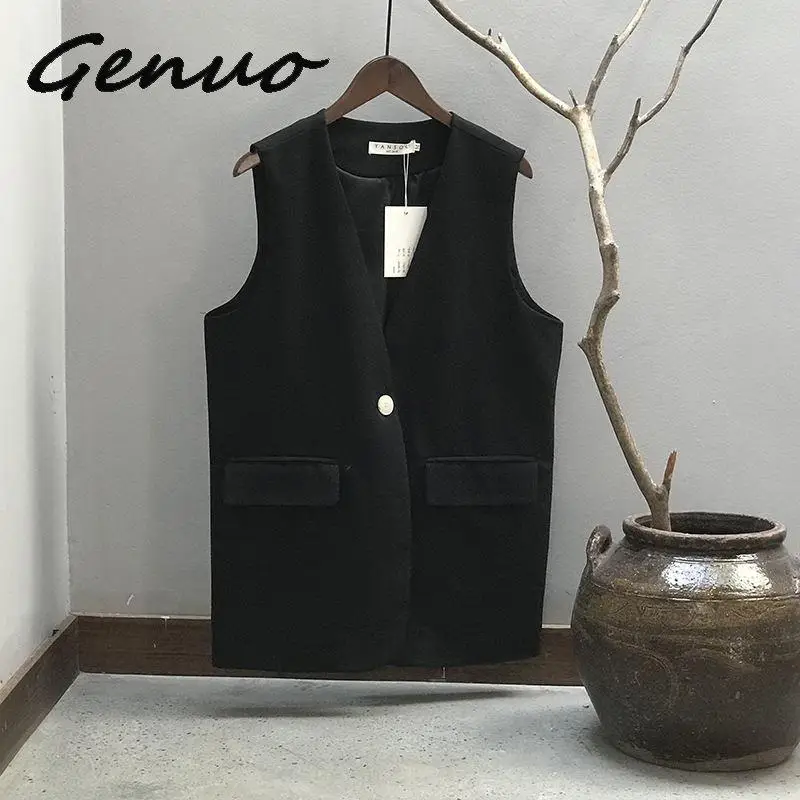 Genuo, новинка, Осенний женский костюм, жилет без рукавов, бежевый, черный, элегантный, офисный, v-образный вырез, куртка, пальто