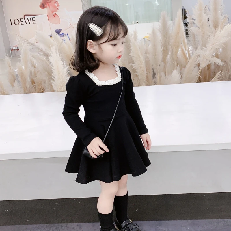 Vestido coreano de princesa para niñas pequeñas, Vestidos negros de larga con perlas y cuello cuadrado, línea A, ropa de otoño|Vestidos| - AliExpress