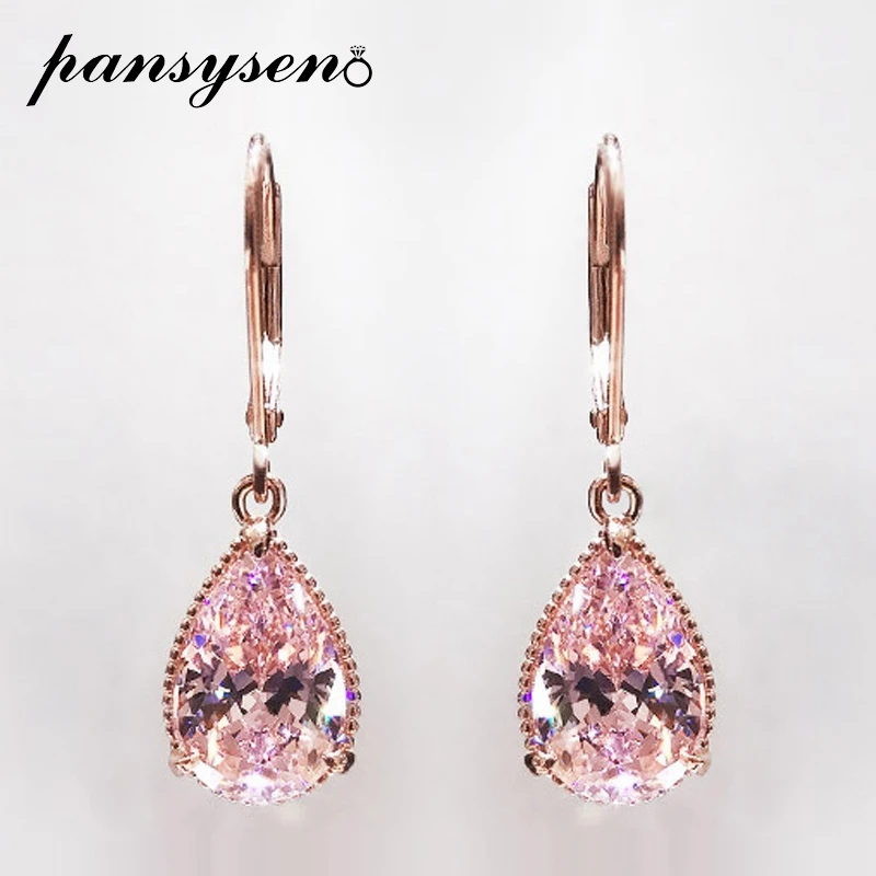 

PANSYSEN Rose Gold Color Pink Quartz Dangle Drop Earrings for Women Gemstone Wedding Engagement Earrings Valentine's Day Gift