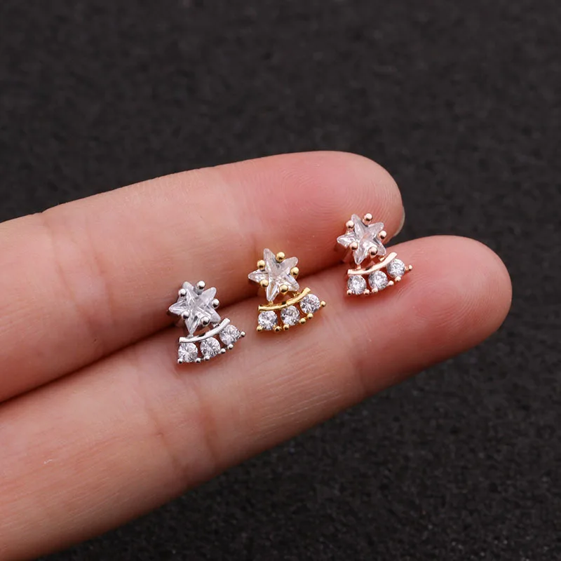 

TTLIFE Stainless Steel Screw Earrings Five-Pointed Piercing Earrings Crystal Rook Tragus Helix Conch Cartilage Studs Piercing