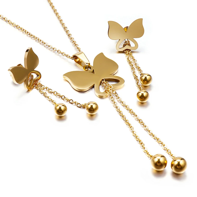 

Fashion butterfly Necklace/Earrings Gold Stainless Steel Women Jewelry Sets Trendy Animal Metal Necklaces