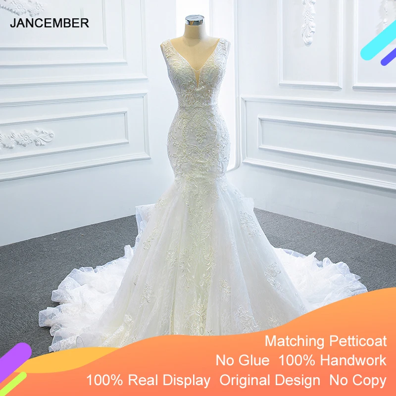 J66964 Jancember Mermaid Wedding Dresses 2020 In Satin V Neck Sleeveless Court Train Pattern Lace Boho Dresses Vestidos De Noiva 1