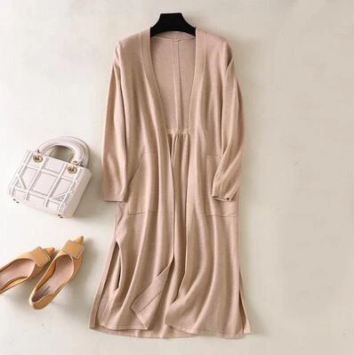 khaki 121 GIGOGOU, женский длинный кардиган, свитер, на завязках, Осень-зима, открытые кардиганы с карманами, вязаная куртка, пальто, зимняя женская одежда - Цвет: khaki 121