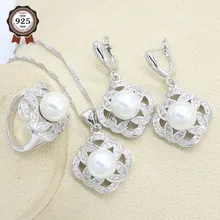 Белый жемчужный набор украшений из серебра 925-й пробы для Для женщин серьга, ожерелье, подвеска кольцо подарок на день рождения