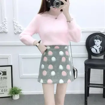 

Women 2020 Autumn Winter Long Sleeve Sweater + Polka Dot Skirt 2 Piece Set Female Knit Pullover And Woolen Mini Skirt Suit T274