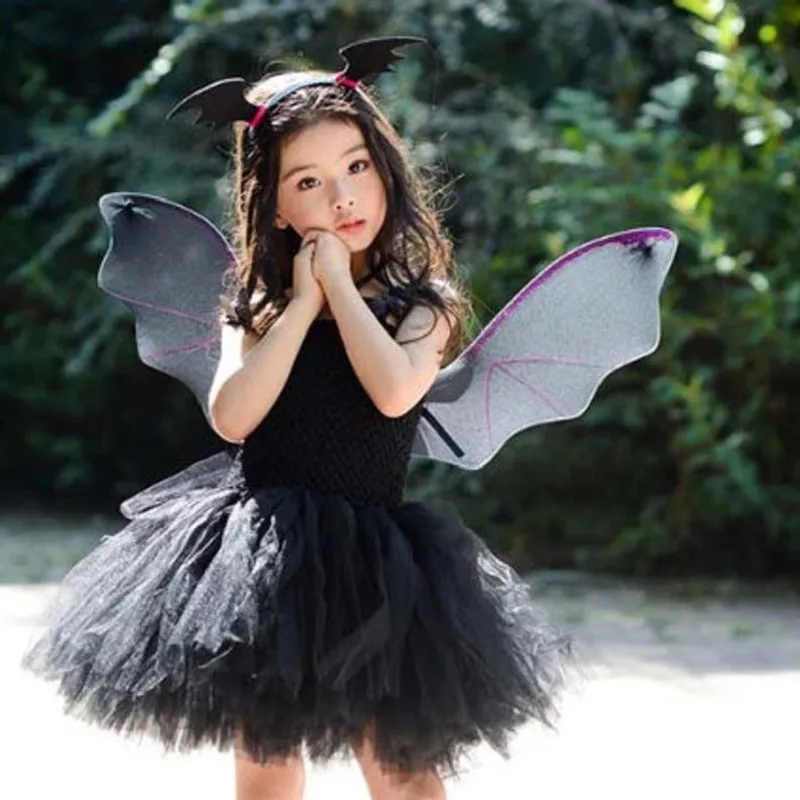 Коллекция года, маскарадный костюм на Хэллоуин, Детские вечерние бальные платья в сеточку, платье-пачка для девочек, крыло летучей мыши+ повязка на голову, наряд для фотосессии, Рождественский Костюм