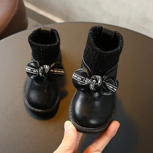 Claladoudou/13,5-15,5 см; брендовые модные однотонные теплые зимние ботинки с бантом для маленьких девочек; вязаная обувь принцессы из тонкого бархата - Цвет: Черный