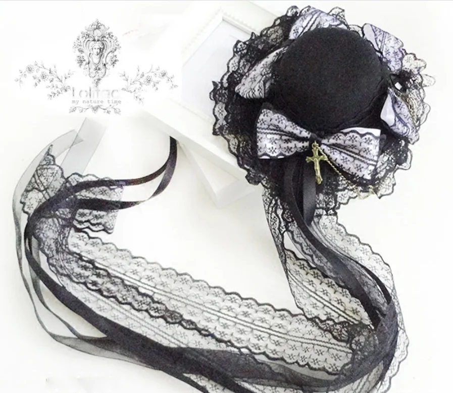 

Gothic Dark Lolita Black and White Bowler Hat Flower Ball Barrettes Lolita Headdress Vintage Cross Hair Accessories
