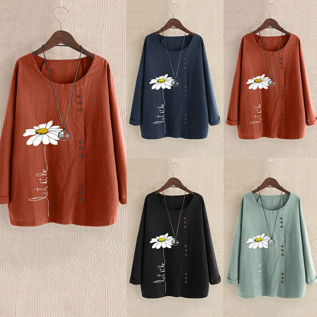 Женская блузка, повседневная, плюс размер, с круглым вырезом, с принтом, свободная, на пуговицах, с длинным рукавом, рубашка, Женские топы и блузки, blusas femininas de Verao