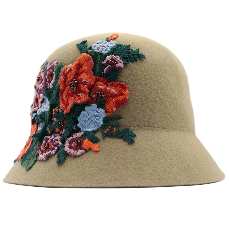 Wool Wool Hat Heavy Industry Embroidery Fisherman Hat Female Flowers Autumn and Winter British Wind Hat