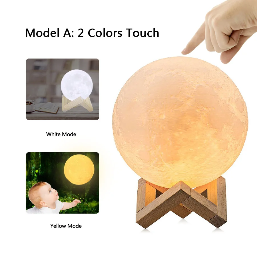 2Colors Touch Лампа Luna с 3D принтом, перезаряжаемая USB лампа Moon, 2 цвета, сенсорный датчик, светодиодный ночной Светильник для детской комнаты, Луна, 16 цветов, пульт дистанционного управления - Испускаемый цвет: 2Colors Touch
