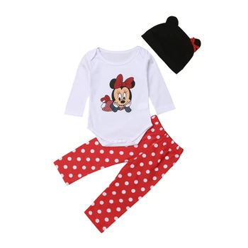 

3CPS Newborn Baby Girl Clothes Nightwear Pyjamas Set Romper Jumpsuit +Pants Hat Micky Mouse Outfit Set 0-24M
