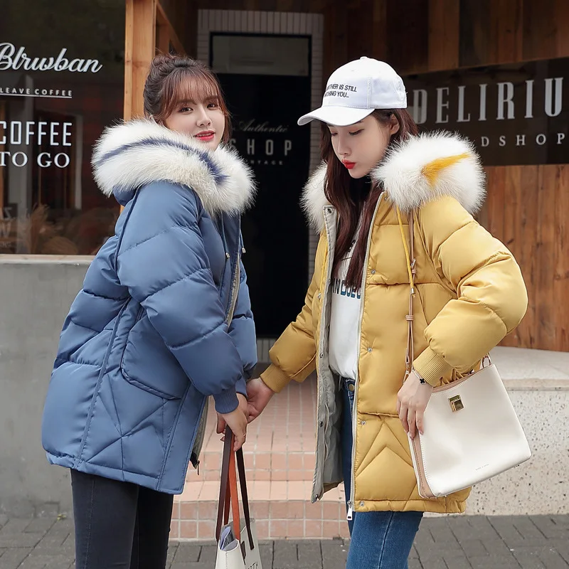 

2019 South Korea Winter Cotton-padded Clothes Korean-style Best Friend Celebrity Style Ultra Large Fur Collar Waist Hugging Hood