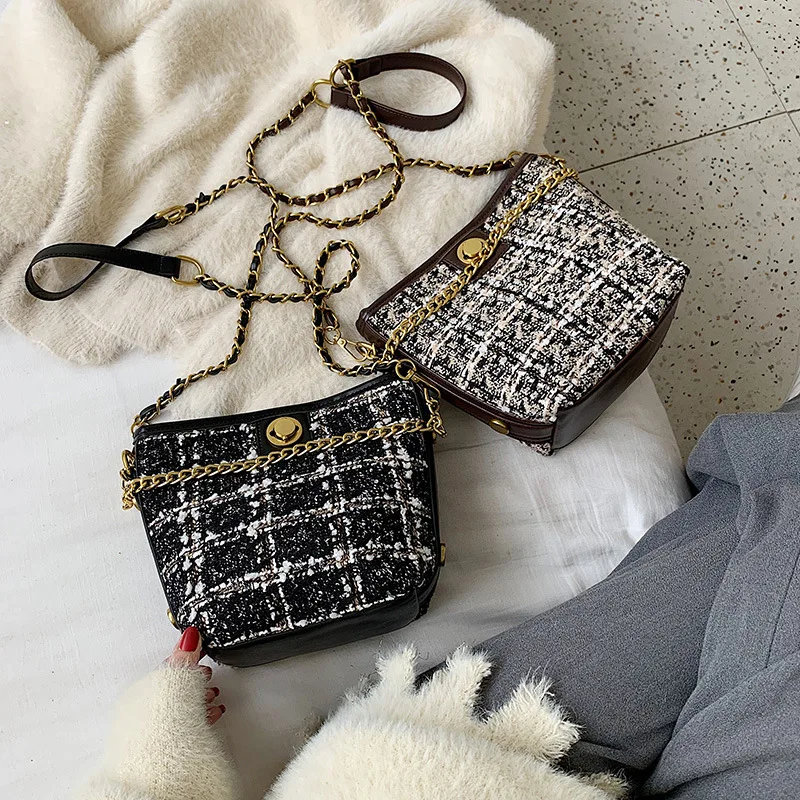 

2019 Autumn And Winter New Style WOMEN'S Bag Woolen Lock Bucket Bag Korean-style Versatile Geometric Pattern Shoulder