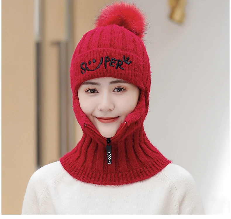 Женские зимние вязаные шерстяные шапки Skullies, теплая бархатная шапка с нагрудником, Женская ветрозащитная шапка с рукавом, кашемировые наушники