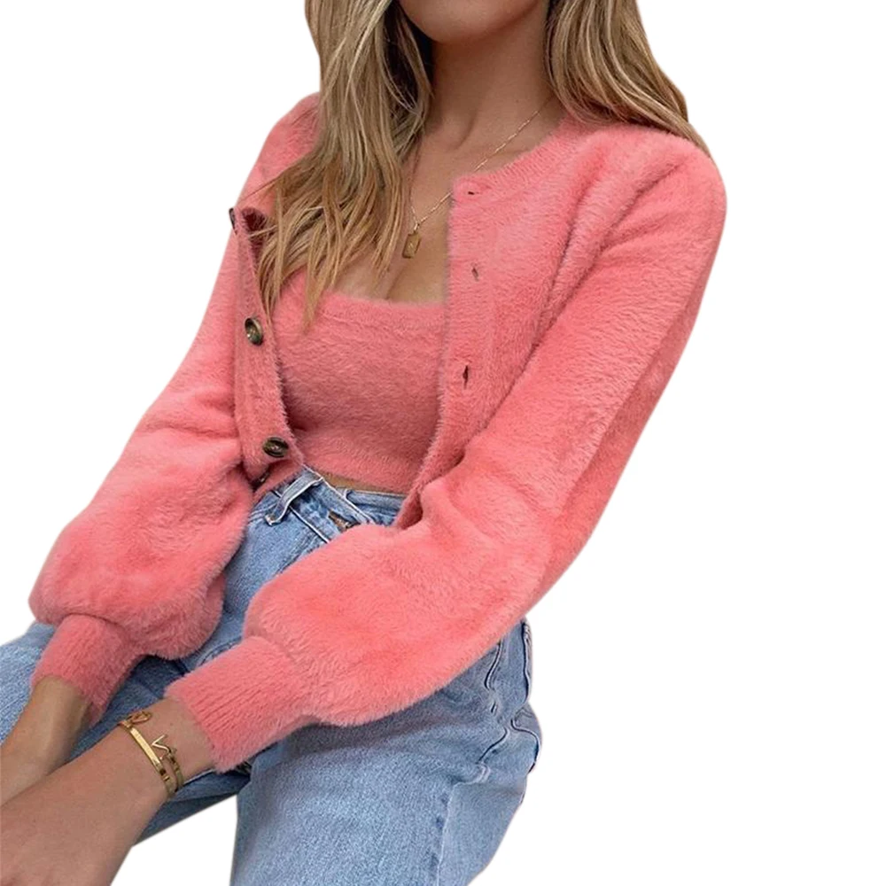 

Women Two Piece Matching Sets Warm Fluffy Long Sleeve Coats And Tank Top Sets Casual Spring Fall Plush Suit conjunto feminino 25