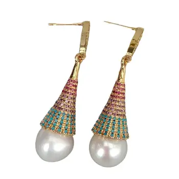 

gold color plated Cubic Zirconia CZ micro Pave natural Freshwater White Rice Pearl Dangle Earrings For Women