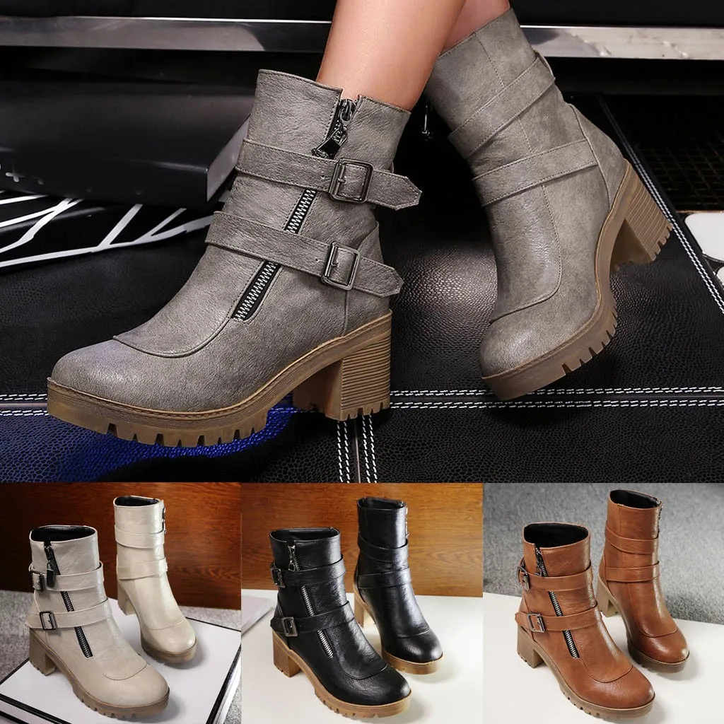 

#30 Women's Casual Bare Boots Buckle Short Square Heel Boots Ankle Short Booties size 35-43