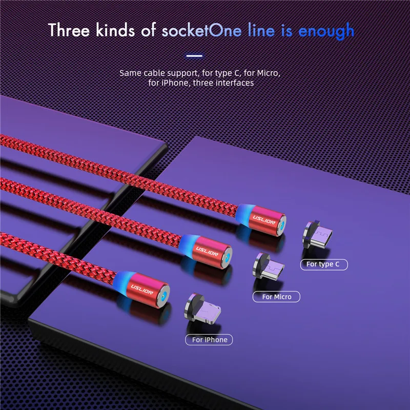 Магнитный кабель USLION 3 м Micro USB для Samsung Android мобильный телефон Type c зарядка iPhone XS XR 8 - Фото №1