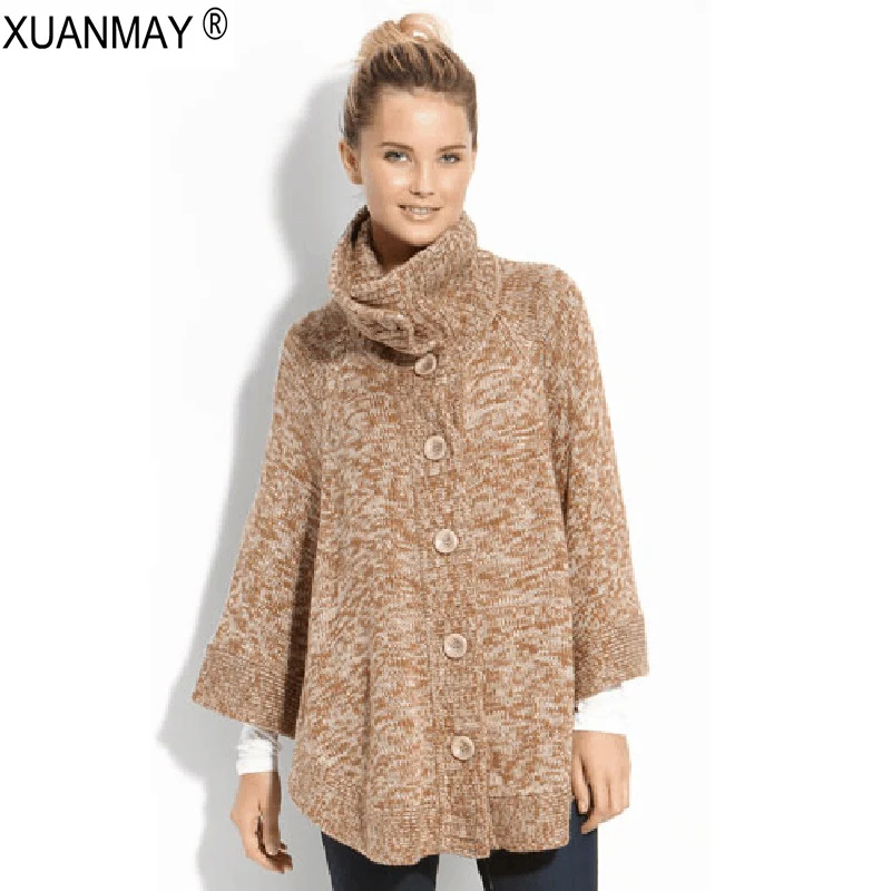 

2019 Winter Women's Thick Cardigan Shawl Sweater Women's Button Cardigan Cape Cozy warm Autumn Gray Turtleneck Sweater Shawl