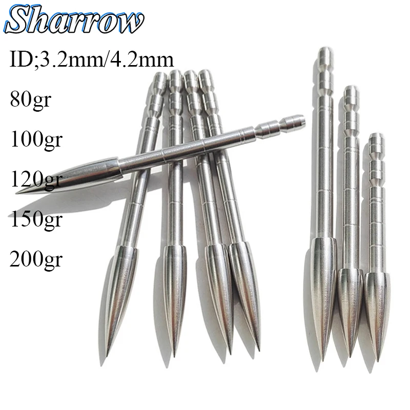 

Archery Target Arrowhead ID3.2/4.2mm Point Arrow Field Tips 80/100/120/150/200Grain Stainless Steel for Carbon Arrow Shaft