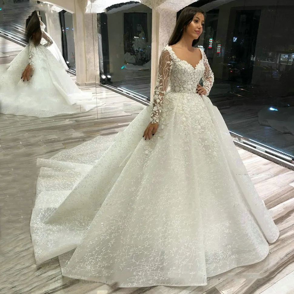 

Luxurious Ball Gown Puffy Wedding Dresses Long Sleeve Sequins Tulle Crystal Beading Formal Elegant Bride Gowns Custom Size SK25