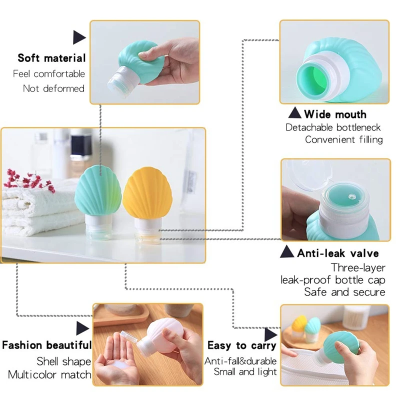 5 Pack Sea-Shell Silicone Travel-Bottles For Shampoo Conditioner Lotion - Portable Travel Liquid Container (90Ml) 5 Pack Sea-Shell Silicone Travel-Bottles For Shampoo Conditioner Lotion - Portable Travel Liquid Container (90Ml)