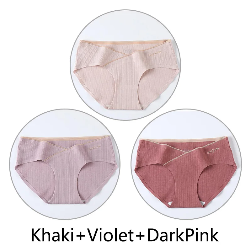 Khaki Violet DarkPin Комплект из 3 предметов, V-образный Нижнее Белье для беременных Мягкий Хлопок Женщины трусы беременности и родам дышащие трусы с низкой талией Нижнее белье - Цвет: Khaki Violet DarkPin