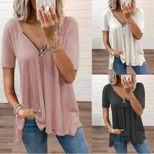 

2022 Summer Women Clothing New Sexy Trend Loose Casual V-neck Zipper Short Sleeve Solid Plus Size T-Shirt Tops Graphic Tee