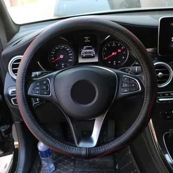 

Genuine Leather Car Steering Wheel Cover Wavy Lines Design Anti-slip Sports Auto Steering Cover Comfortable Cowhide Black
