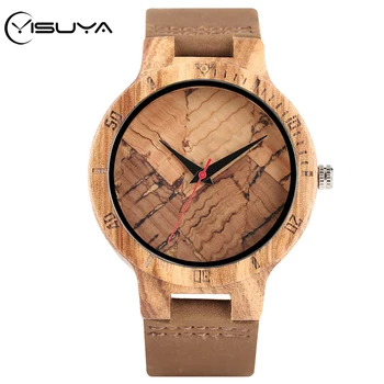

YISUYA Zebrawood Watch Mens Leaves Retro Bricks Splice Dial Quartz Watch Male Leather Band Analog Wristwatches Relogio Masculino