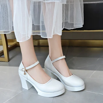 

Fashion Ankle Strap Platform Pumps Women 2020 Spring Round Toe Thick High Heels Shoes Woman 8cm White Casual Heels Shoes