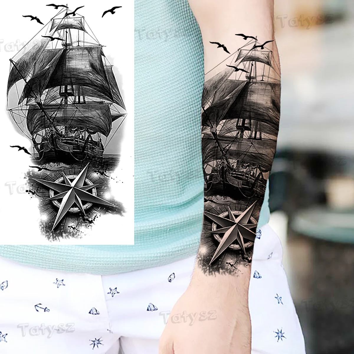 Tatouage Bateau Pirate Avant Bras Faux tatouages temporaires pour femmes et hommes, grand Lion, couronne de  tigre, loup, bateau de Pirate, crâne de Vampire, fleur, autocollant pour avant  bras | AliExpress
