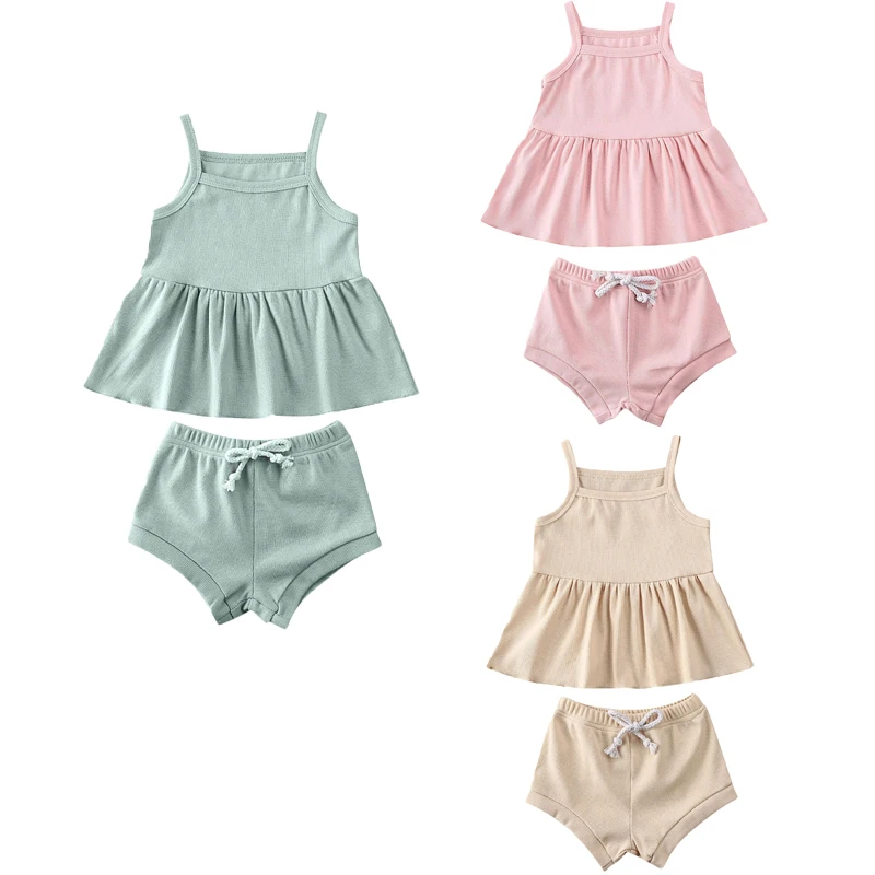 2PCS Infant Baby Girl Clothes Solid Sleeveless Tops Dress+Shorts Pants Outfits | Детская одежда и обувь