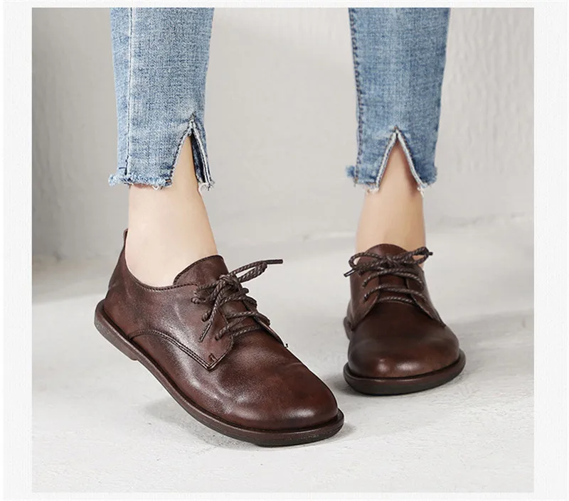 New British Women Flats Round Toe Genuine Leather Oxford Shoes For Woman Casual Loafer Lace Up Handmade Oxford Female Shoes Flat (6)