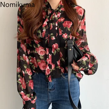 

Nomikuma Korean Vintage Rose Floral Chiffon Blouse 2020 Spring Bow Tie Collar Long Sleeve Shirt Korean OL Blusas Feminimo 3Z180