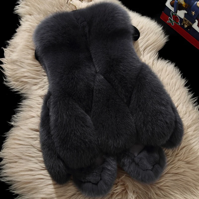 Зима 6XL толстый теплый меховой жилет серый женский жилет из искусственного лисьего меха осенний меховой жилет для девочек V243