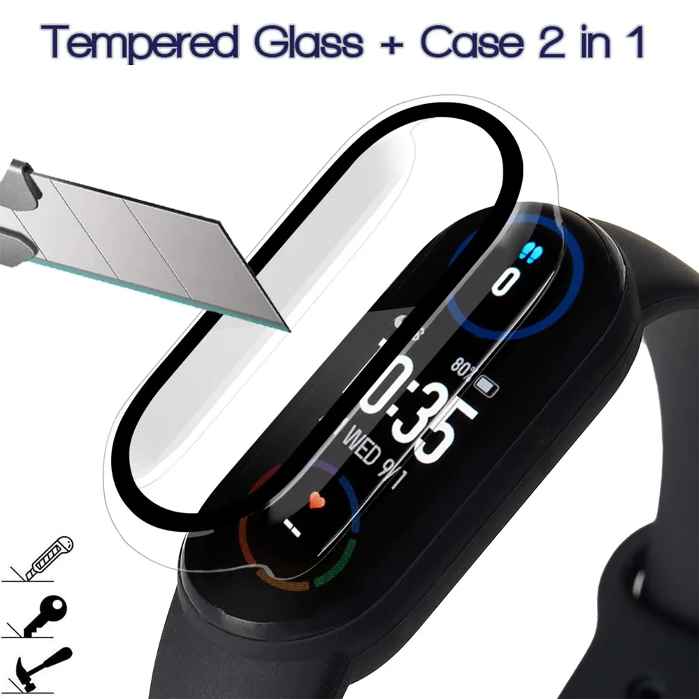 2in1 Glass+Case For Xiaomi Miband 6 5 NFC Case 4 3 PC Bumper All-Around Screen Protector +Cover Watch Accessorie | Электроника