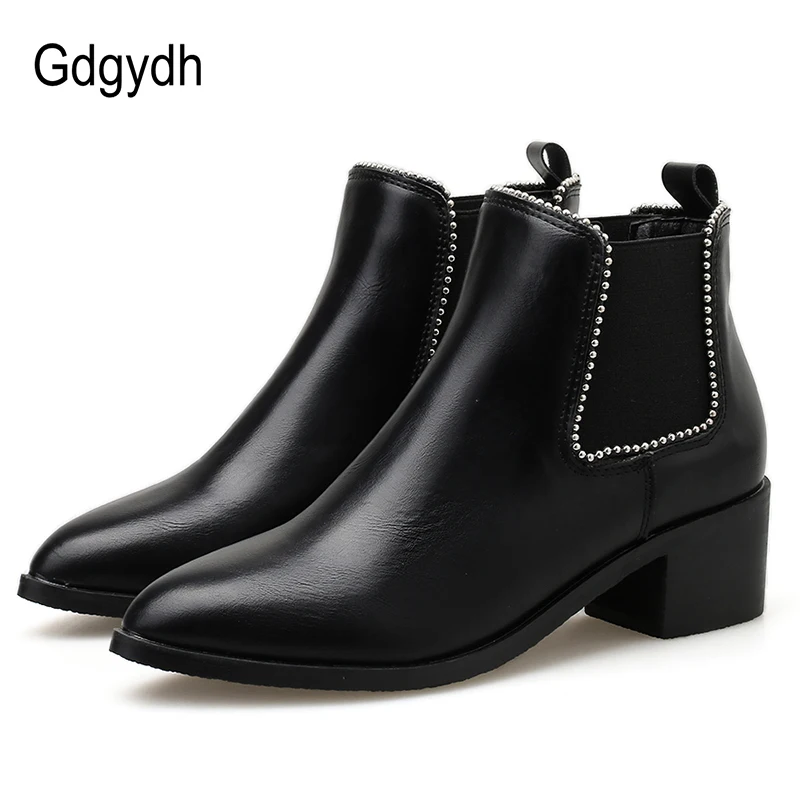 

Gdgydh 2019 Autumn Winter Ankle Boots Pointed Toe Black Solid Female Boots Square High Heels Office Ladies Boots Hot Sales