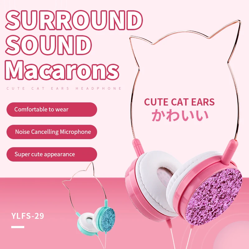 CUCA Wired Gaming Headset With Microphone over the Ear Studio Headphones Gamer Cute Cat Ear Wire Earphone 3 5mm Plug Women Gift