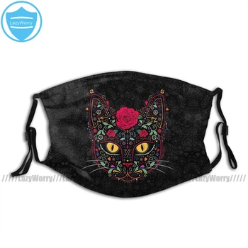 

Spooky Mouth Face Mask Day Of The Dead Kitty Cat Sugar Skull Facial Mask with 2 Filters Polyester Adult Mask