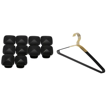 

5Pcs Nordic Black Gold Iron Hangers Wall Hook & 10Pcs Stepped Square Cabinet Knob - Black Pull Handle 29Mm