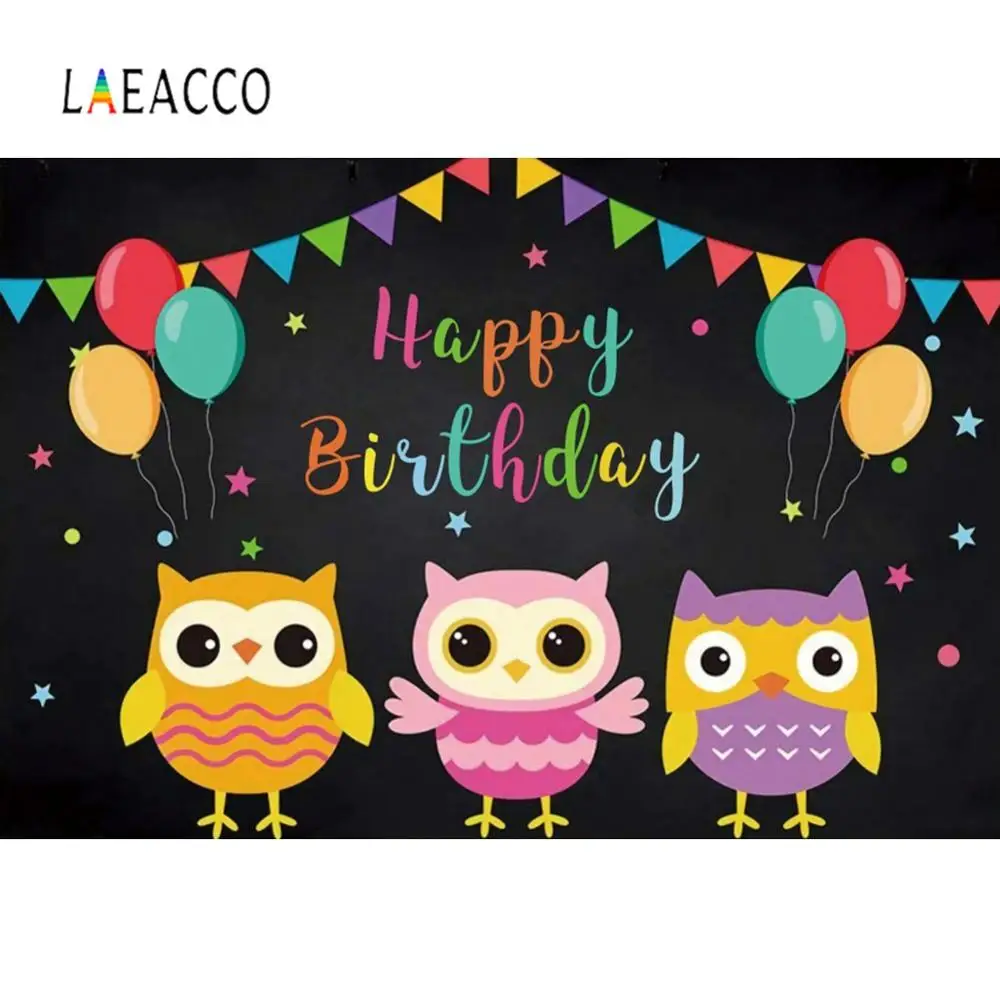 Laeacco Photography Backdrops Baby Cartoon Balloons Owl Happy Birthday Party Banner Portrait Photo Background For Studio | Электроника