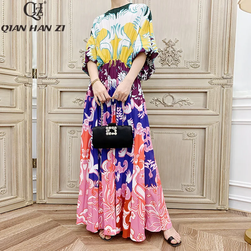 Top Buy bhlS1 Qian Han Zi 2019 Brand Autumn Designer Runway Fashion Maxi Gown Women's Long Sleeve Vintage Print Pleated Long Beach Dress
