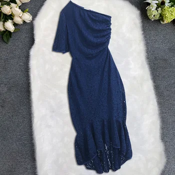 

Ladies Retro Blue Lace One Shoulder Bodycon Dress Bare Shoulder Irregular Design Sheath Vintage Dresses Woman Party Night Robes