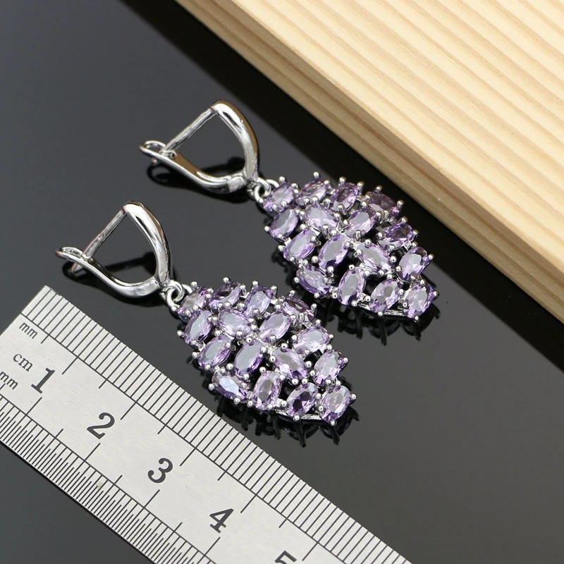 Women 925 Sterling Silver Jewelry Sets Purple Amethyst Tennis Earrings Rings Fashion Accessories Wdding Necklace Set - Image 3
