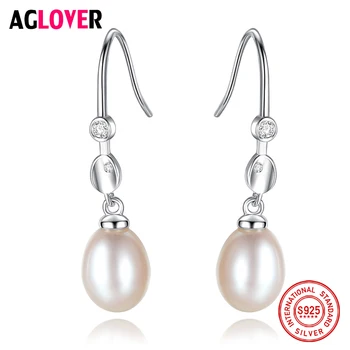 

AGLOVER New Sale 100% 925 Silver Pearl Earrings Natural Freshwater Pearl Drop Earrings For Women Fine Jewelry Female Party Gift
